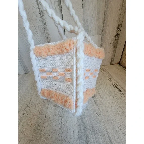 Crochet orange square plush hanging basket unique home decor tassel