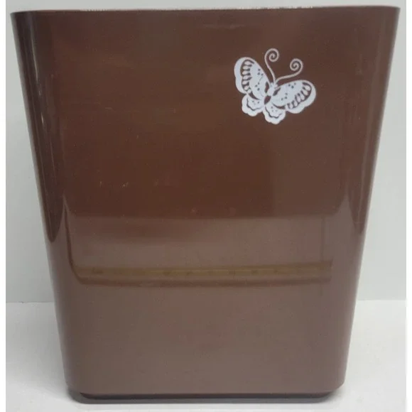 Vintage Brown Plastic Wastebasket with White Butterfly Graphic Small‎ Trash Can