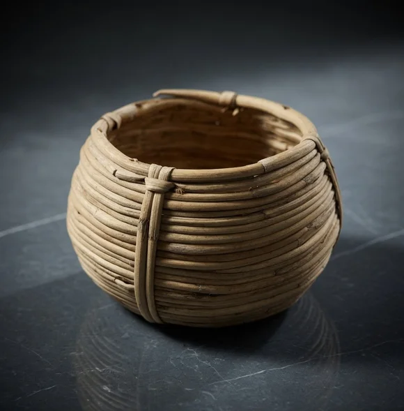 Vintage Handwoven Small Round Rattan Storage Basket Bowl Boho Rustic Decor 5x4.5
