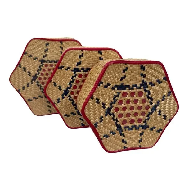 3 Piece Vintage Nesting Baskets With Lids Woven Sewing Storage Sweetgrass