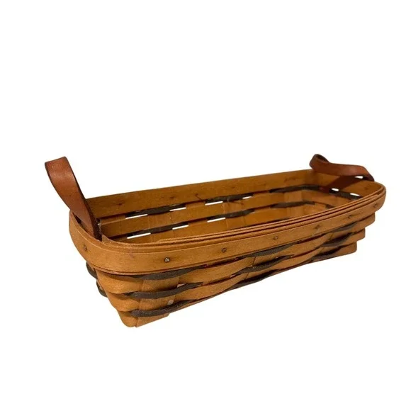 Longaberger Basket Woven Wood‎ Leather Handles Rectangular Organizer Storage Vtg