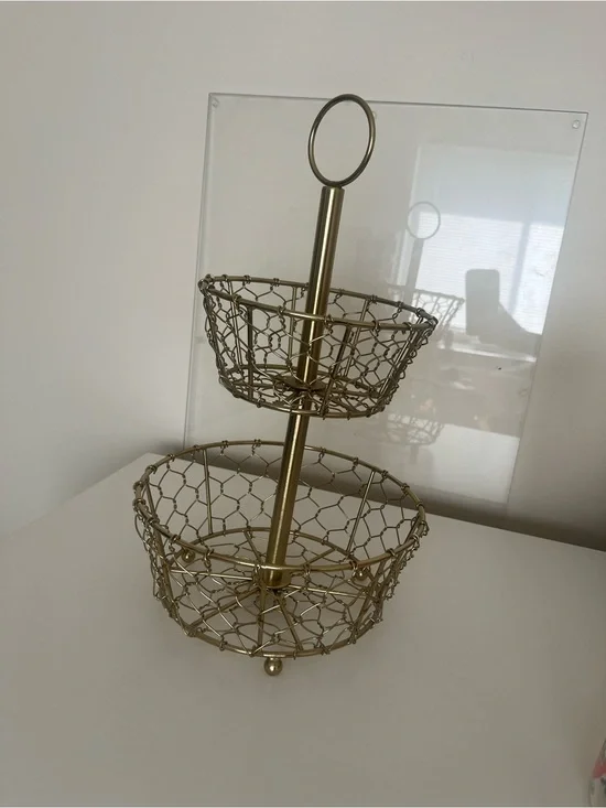 Two-Tier Decorative Wire Basket Stand in Gold