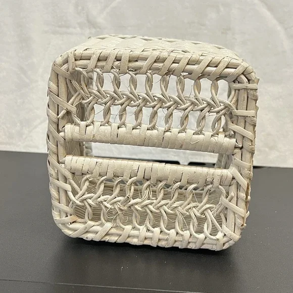 Vintage White Wicker Tissue Box Holder Cover Vanity Waste Basket Cottage Country