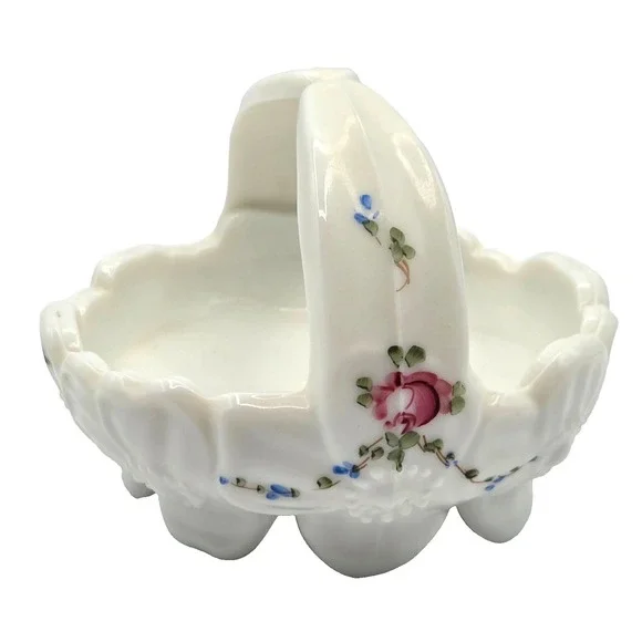 Vintage Westmoreland Milk‎ Glass Hand Painted Roses & Bows Basket Candy Dish