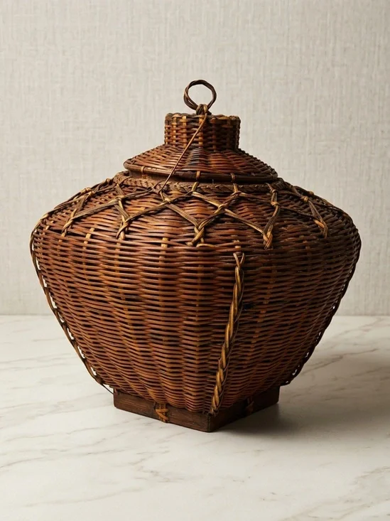 Vintage Asian Woven Rattan Basket with Square Base and Lid Home Decor