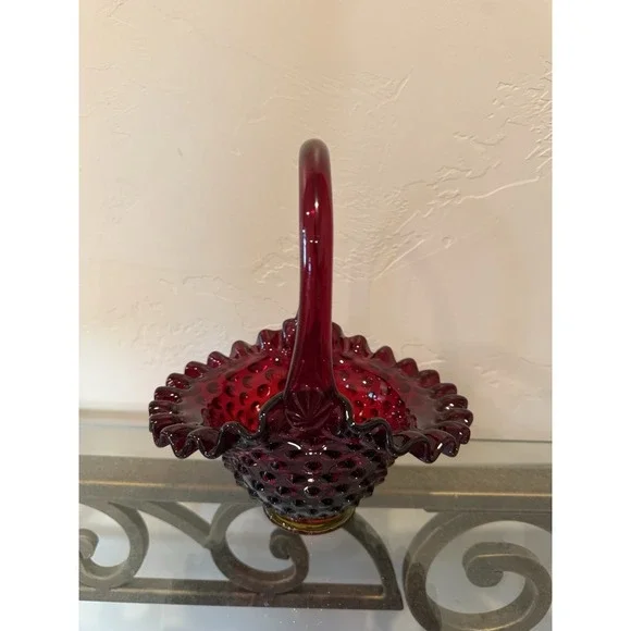 Fenton Ruby Red Amberina Hobnail Glass Basket Ruffled Vintage 7