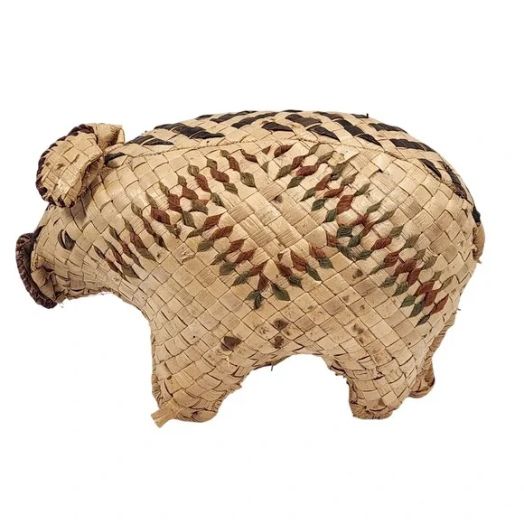 VTG Mexican Palm Straw Woven Pig Natural Green Red Design 9