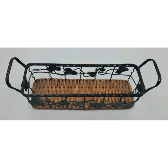Ivy Leaf Metal‎ Basket With Wicker Bottom Rectangular Centerpiece Fruit Basket