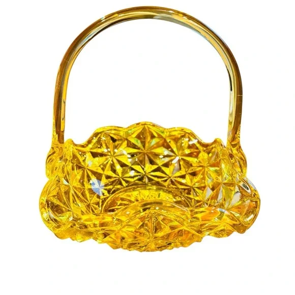 Vintage Indiana Glass Amber Daisy & Button Handled Basket Candy Dish