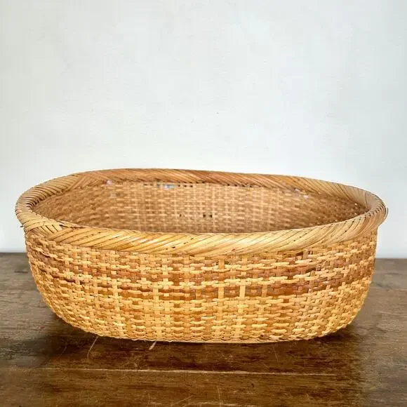 Vintage French Style Basket with Wood Bottom, Rustic Home Decor Storage