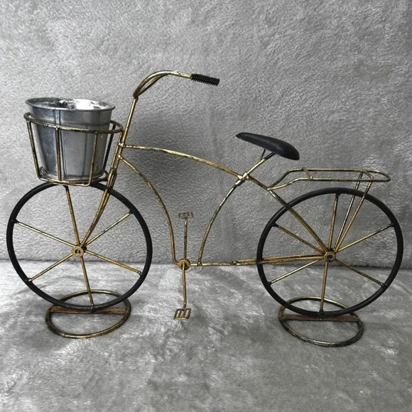 Vintage Style Gold Metal Bicycle Planter with Galvanized Bucket Garden Decor