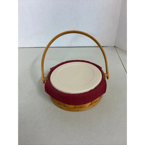 Longaberger Round Basket with Burgundy Liner Clear container and‎ White Lid