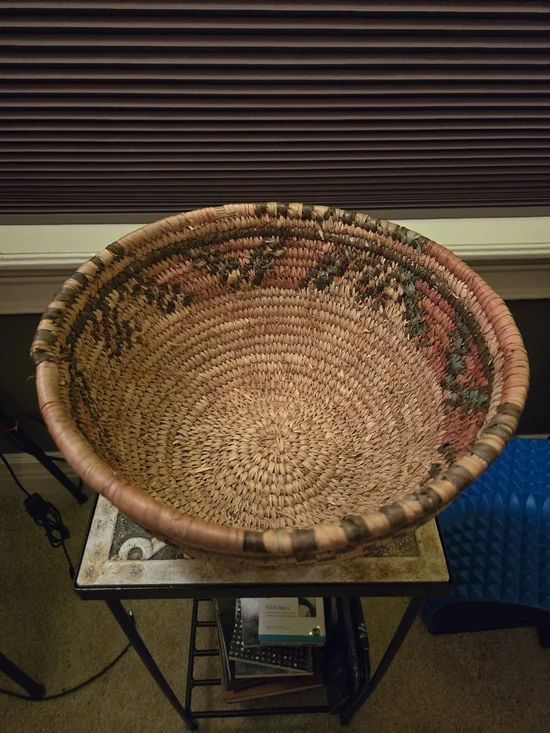 Tan and Dark Brown Woven Storage Basket With Geometric Pattern