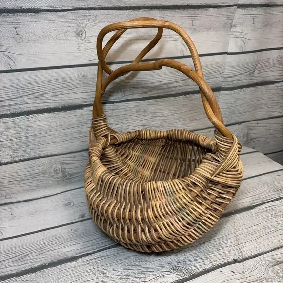 Vtg Woven Berry, Egg Butt Basket Handle God's Eye Gather Farm Twisted Handle