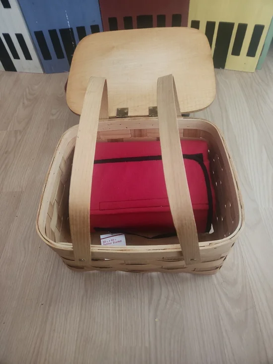 Woven Picnic Basket with Red Folding Blanket
