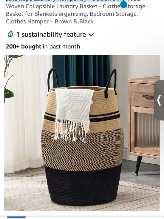 Woven Rope Laundry Basket - Black & Brown Collapsible Home Accent