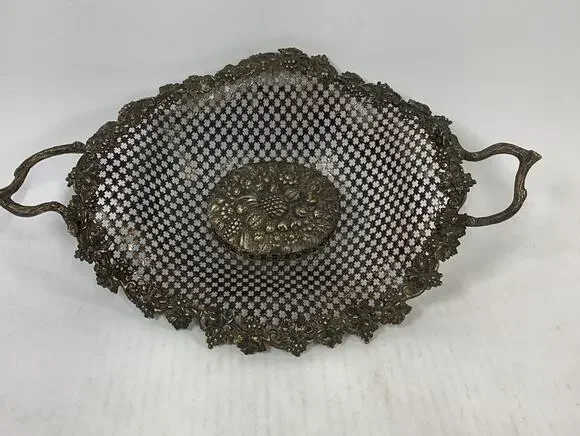Vintage Italian Brass Bowl Ornate Filigree Basket With Handles