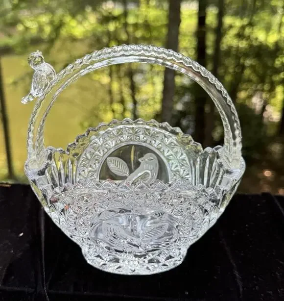 Hofbauer Byrdes Lead Crystal Basket Bird Handle Etched German Glass 6