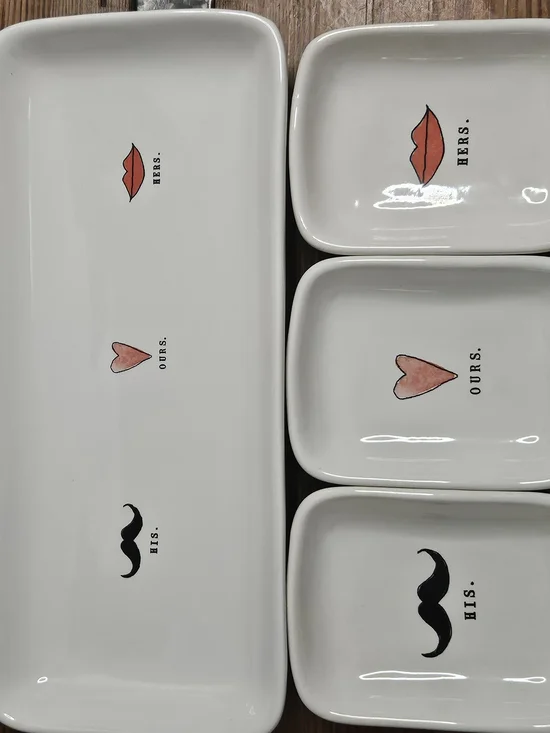 Rae Dunn Ceramic 'His, Hers, Ours' Trinket Dishes - White Pink & Black Accents