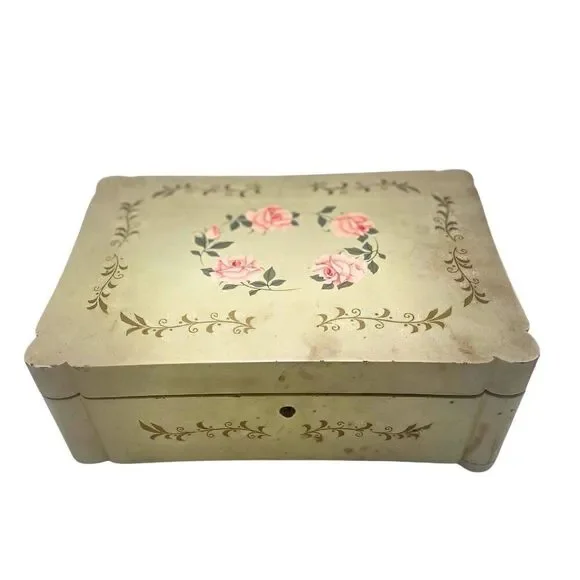 Rare 1940s Antique Lacquerware Pink Floral Mint Green Tokiwa Musical Jewelry Box