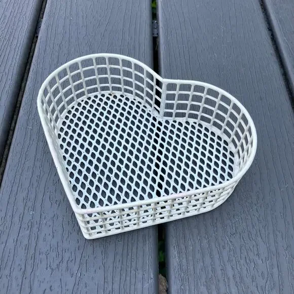 Vintage white heart shaped wire basket, cottagecore farmhouse shabby chic
