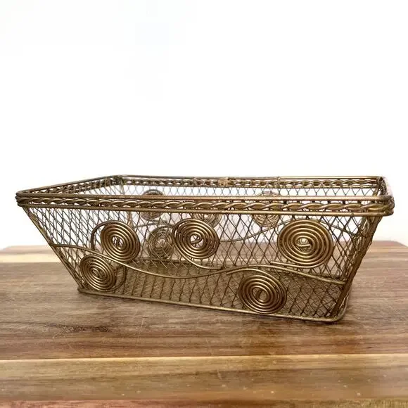 Vintage MCM Gold Tone Coiled Spiral Wire Basket Diamond Mesh Grid Rope Border