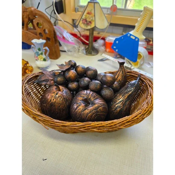 Vintage Metallic Bronze Olastic Faux Fruit Set with Wicker Basket Centerpiece