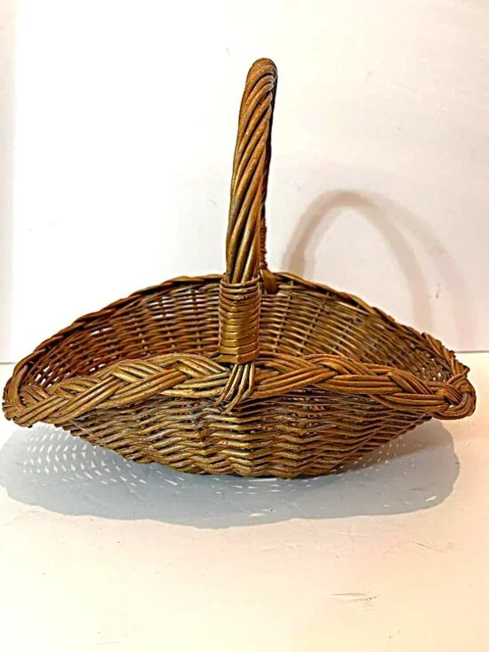 Vintage Handmade Medium Wicker Gathering Basket Braided Edge Made in Yugoslavia
