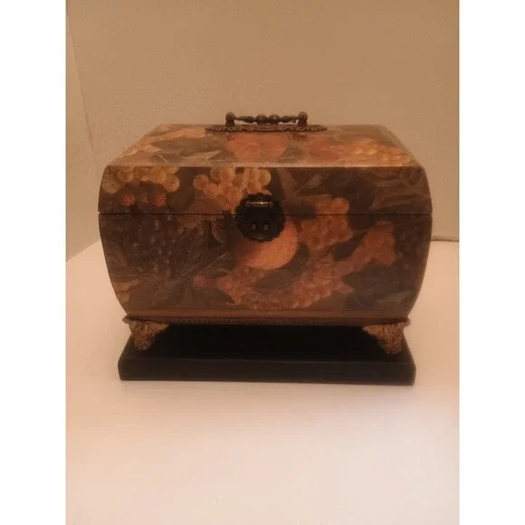 Vintage Floral Pattern Keepsake Trinket Box Hinged Lid & Handle On Black Stand