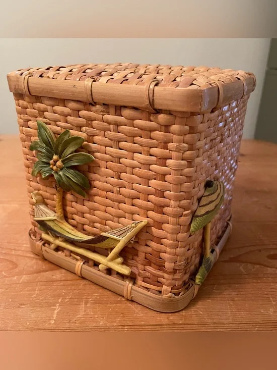VTG Rattan Tissue Box Cover Palm Tree Hammock Tropical Beach 6″ Cube