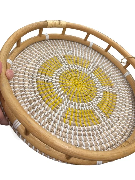Handwoven Round Rattan Tray with Yellow & Natural Weave pattern 15”