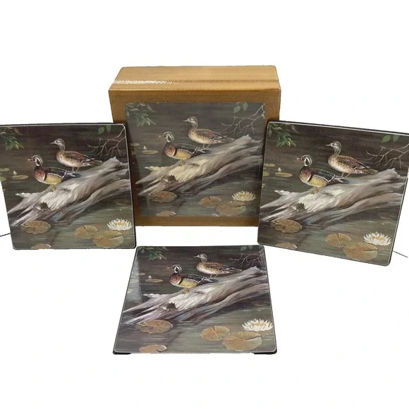 Vintage Duck Box Coaster Set Cork Back Wood Box 1970s with‎ 3 Coasters