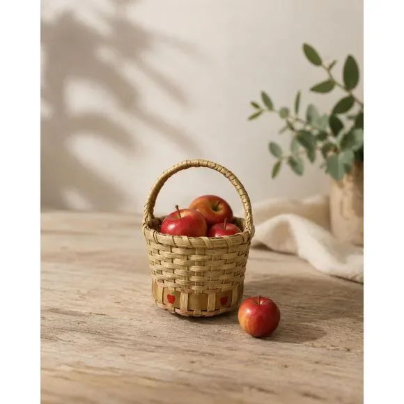 Vintage Country Farmhouse Hand Painted Apple Woven Basket 1990 90s Cottagecore