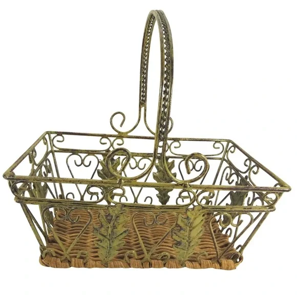 Vintage Style Green Metal Wire Basket‎ with Woven Wicker Base Leaf Scroll