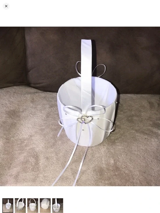 White Satin Flower Girl Basket with Heart Accent & ribbons