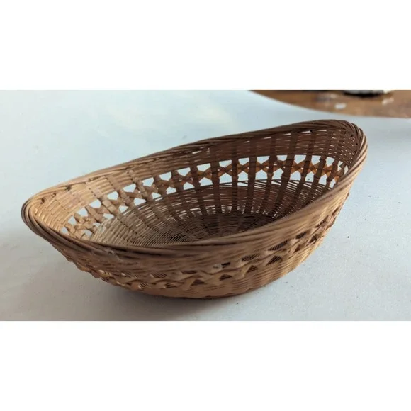 Vintage Woven Bamboo Oval Basket Bowl Lattice Weave Natural Brown China 8.5in