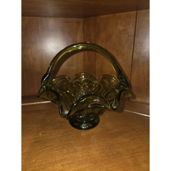 Vintage Olive Green Glass Basket Handle Glass Ruffle Rim Vintage