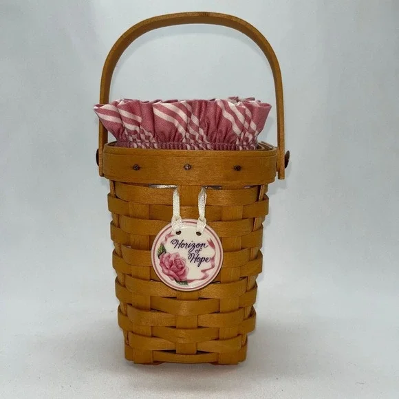 Longaberger Basket 1998 Horizon of Hope Pink Stripe Liner Protector Tie On
