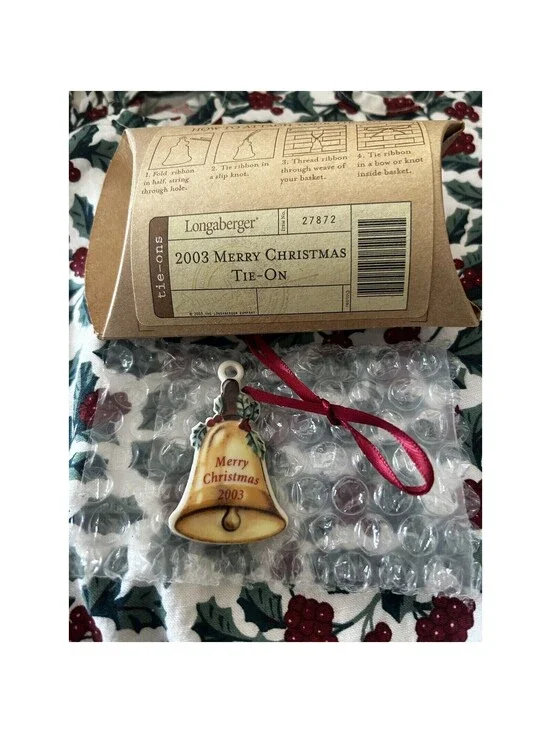 Longaberger Merry Christmas Basket Tie On - New Bell 2003 Ceramic USA Made