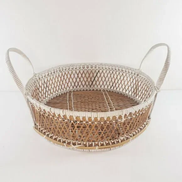Round Basket w/ Handles White Accents Woven Rattan Wicker Rattan Wall Art