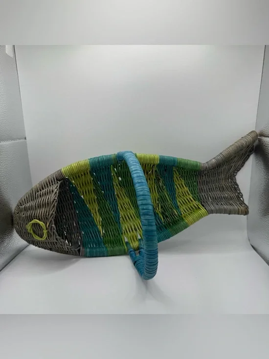 Vintage Wicker Fish Basket Shaped Fruit Bowl Colorful Hand Woven Boho Handle 70s