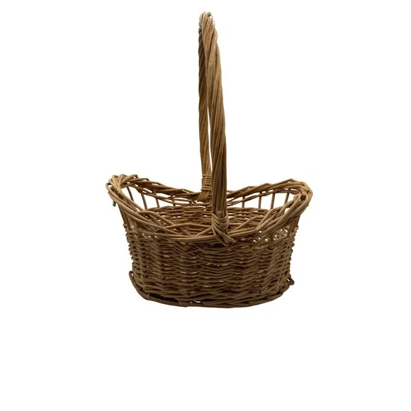 Vintage‎ Rustic Woven Wicker Basket with High Handle Scalloped Rim Tan Willow