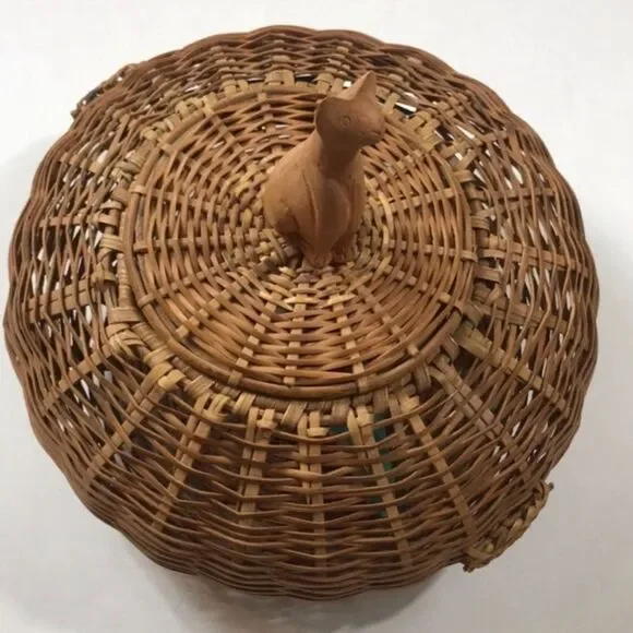 Handcrafted Wicker Basket with Cat Figurine Lid