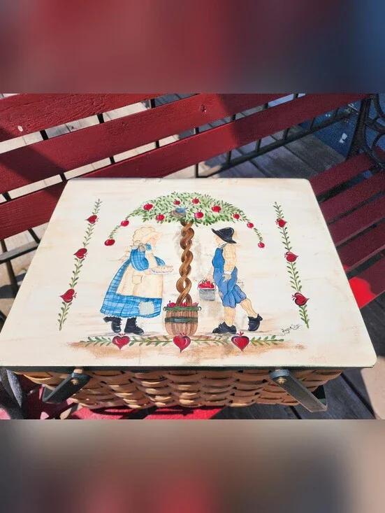Vintage Tole Painted Woven Picnic Basket Wood Folk Artist Signed 2000 Rare HTF