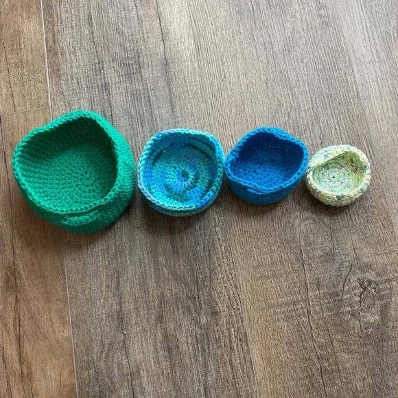 Handmade Crochet Nesting Bowls Set 4‎ Green Blue Baskets Storage Nursery Decor