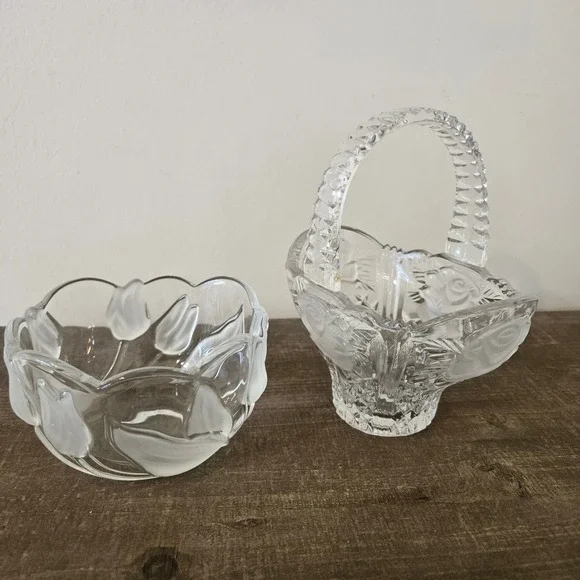 Vintage Frosted Glass Floral Basket and Tulip Bowl Set Clear Pressed Glass
