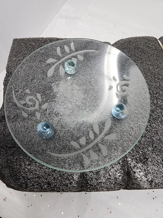 Etched Glass Round Display Tray with Aqua Glass Feet