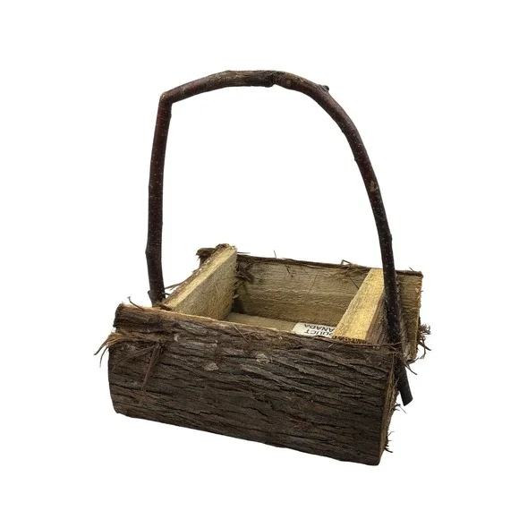 Primitive Rustic Log Basket Natural Bark Wood Branch Handle Cottagecore Canadian