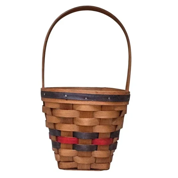 Woven Wood Basket with Handle Rustic‎ Farmhouse Decor 1996 Red Gray Trim Vintage