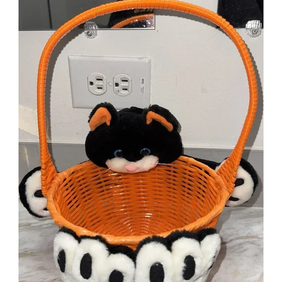 VTG‎ Topstone Industries Orange Halloween Basket With Black & White Cat